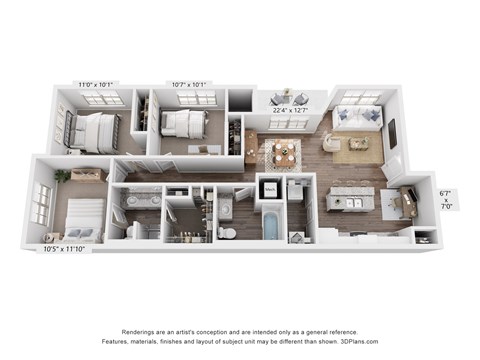 Floor plan for 3 beds, 2 baths, 1316 sqft